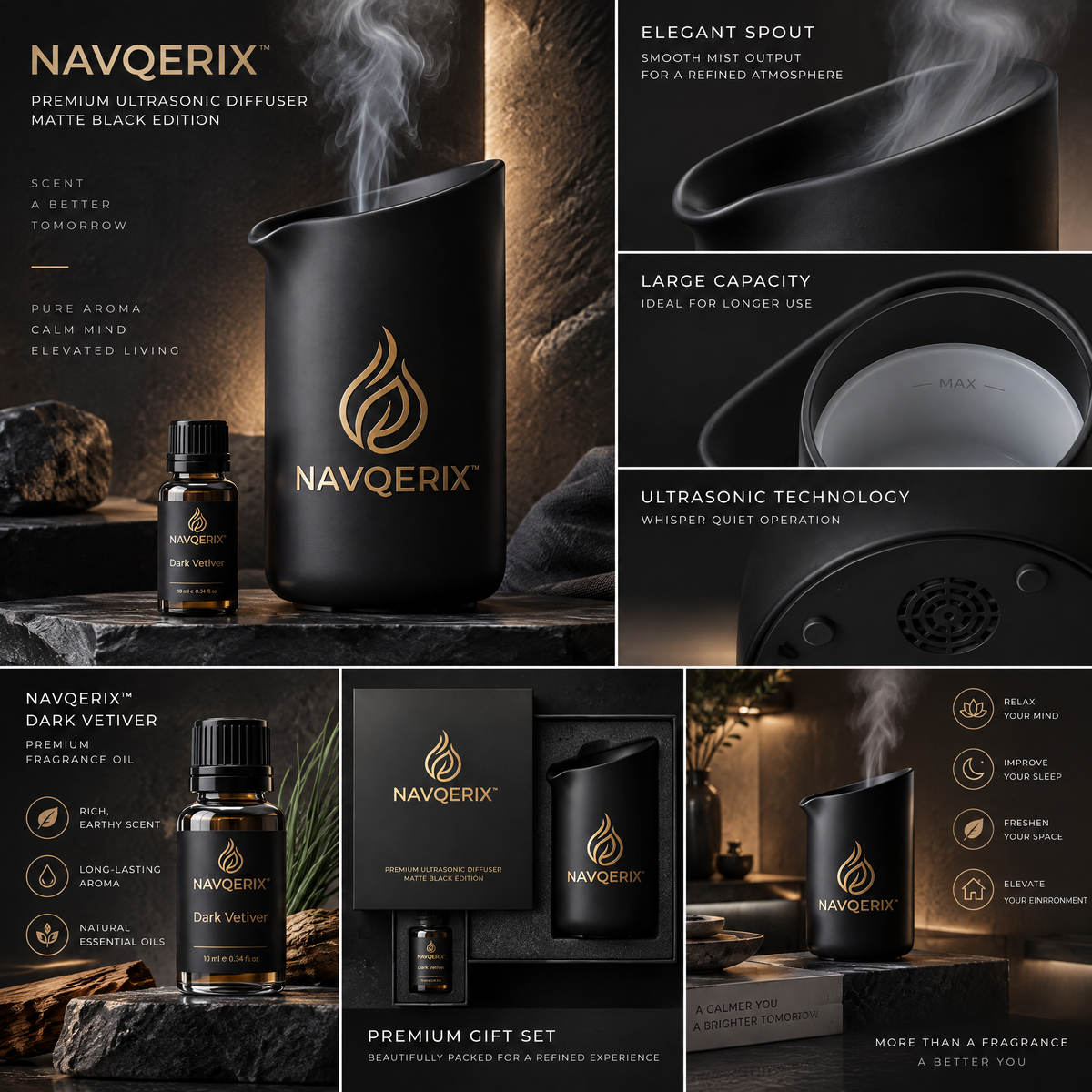 NAVQERIX™ Premium Ultrasonic Essential Oil Diffuser – Matte Black Edition with Signature "Dark Vetiver" Fragrance Oil