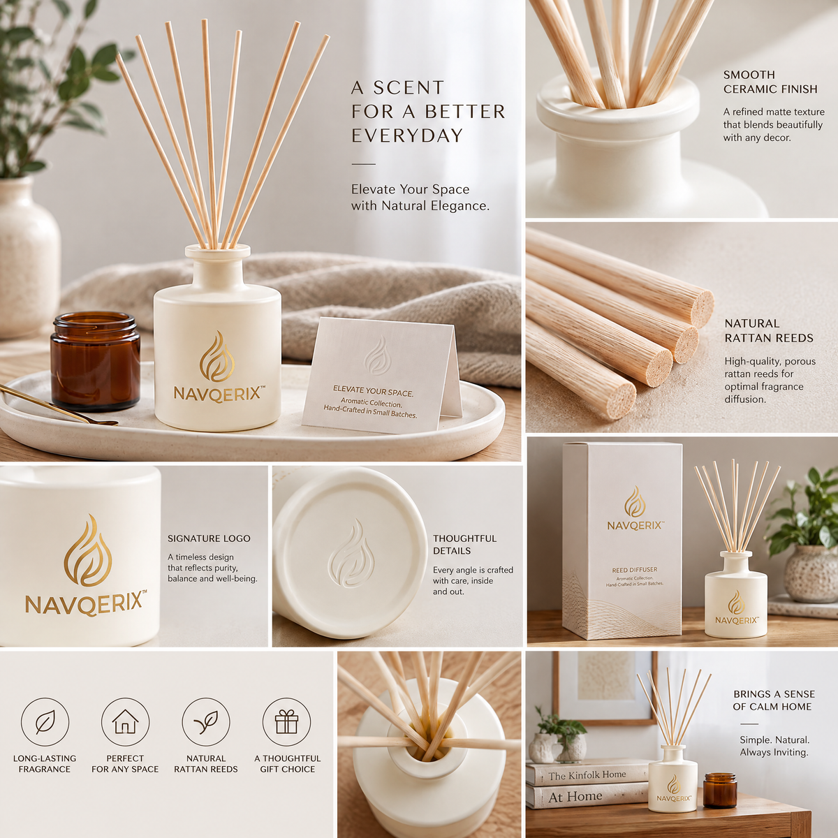 Navqerix™ Luxury Matte White Reed Diffuser Set – Hand-Crafted Aromatherapy Scent Diffuser with Natural Rattan Sticks for Home &amp; Office Decor
