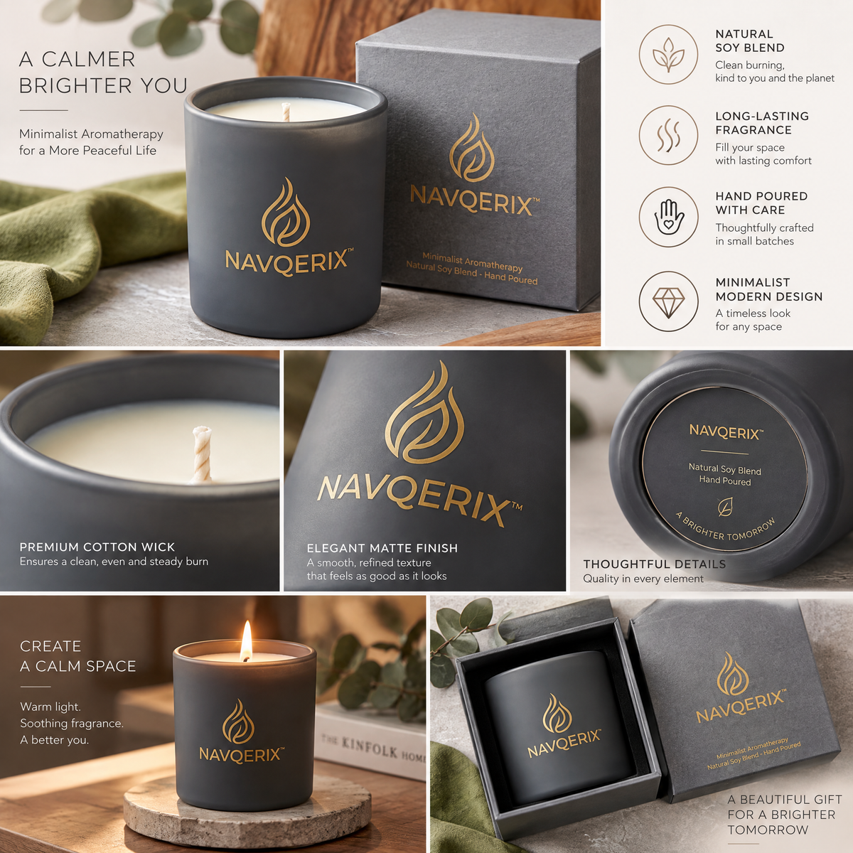 NAVQERIX™ Minimalist Aromatherapy Scented Candle – Matte Charcoal Grey Jar, Hand-Poured Natural Soy Wax Blend for Home Relaxation &amp; Modern Décor