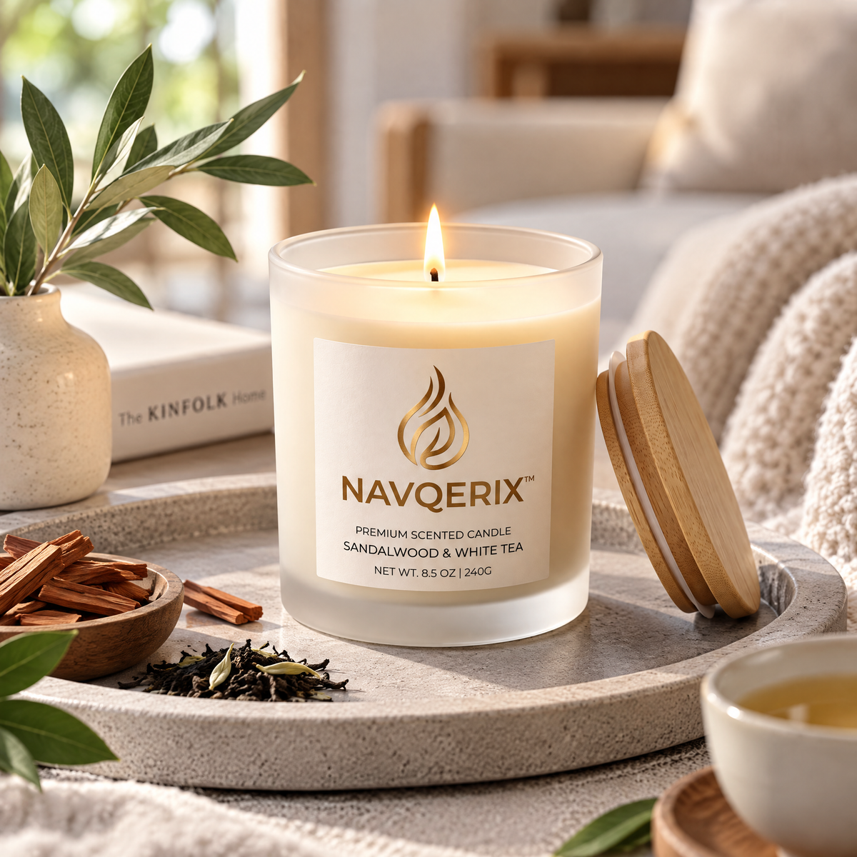 NAVQERIX™ Sandalwood &amp; White Tea Scented Candle – 8.5 oz / 240g Natural Soy Wax Aromatherapy Candle in Frosted Glass Jar with Wooden Lid