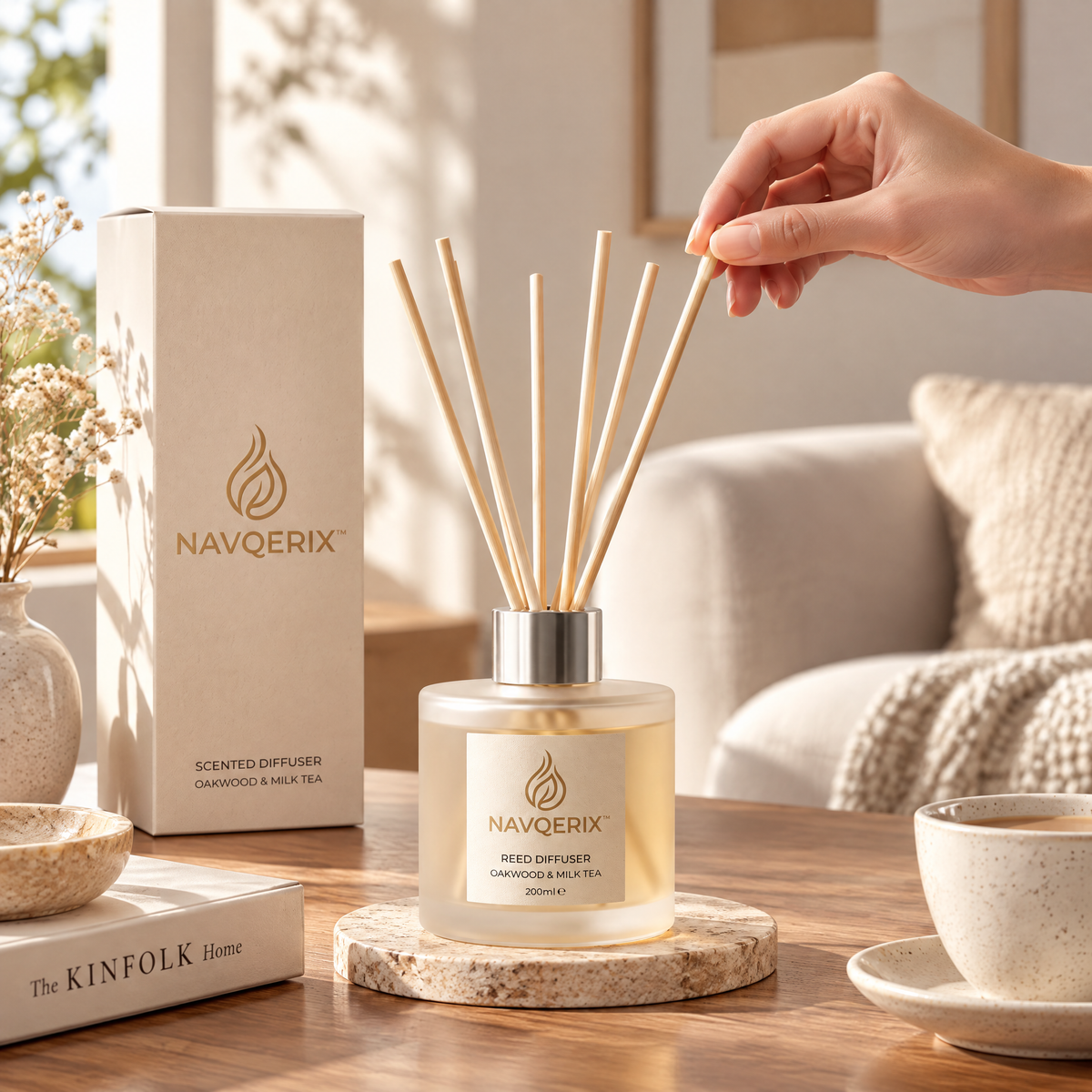 NAVQERIX™ Oakwood &amp; Milk Tea Luxury Reed Diffuser (200ml) – Long-Lasting Natural Rattan Scent Diffuser for Home, Office &amp; Gifting