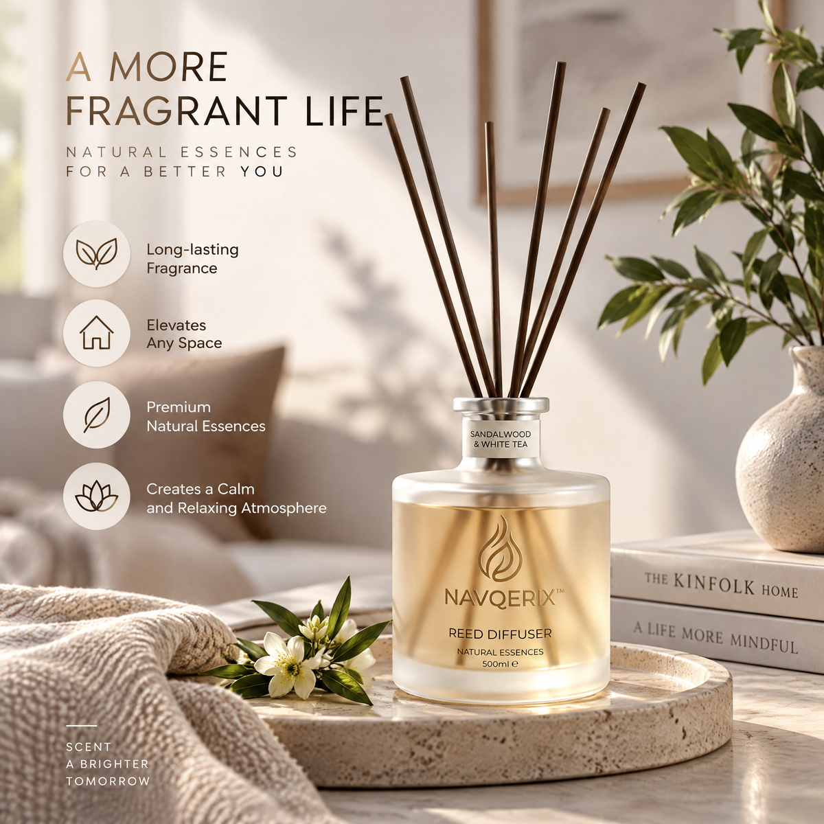 NAVQERIX™ Luxury Reed Diffuser – Sandalwood &amp; White Tea (500ml / 16.9 fl. oz.) | Natural Essence Aromatherapy Home Fragrance with Premium Rattan Reeds