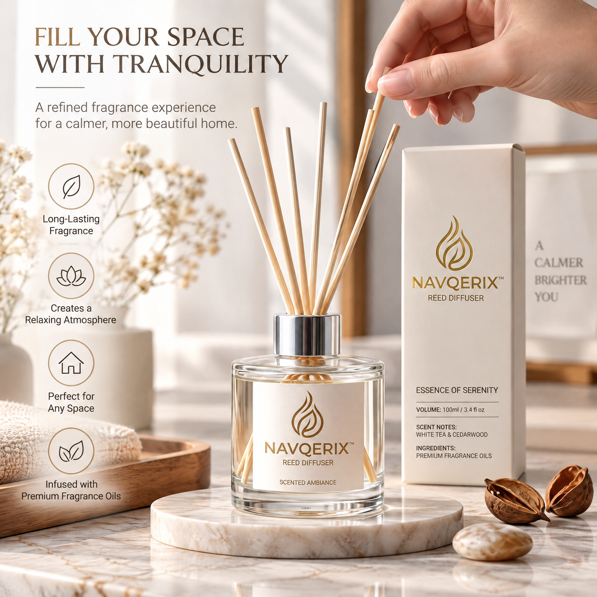 NAVQERIX™ Reed Diffuser – White Tea &amp; Cedarwood Scented Ambiance Aromatherapy Oil Diffuser Set for Home &amp; Office Decor (100ml / 3.4 fl oz)