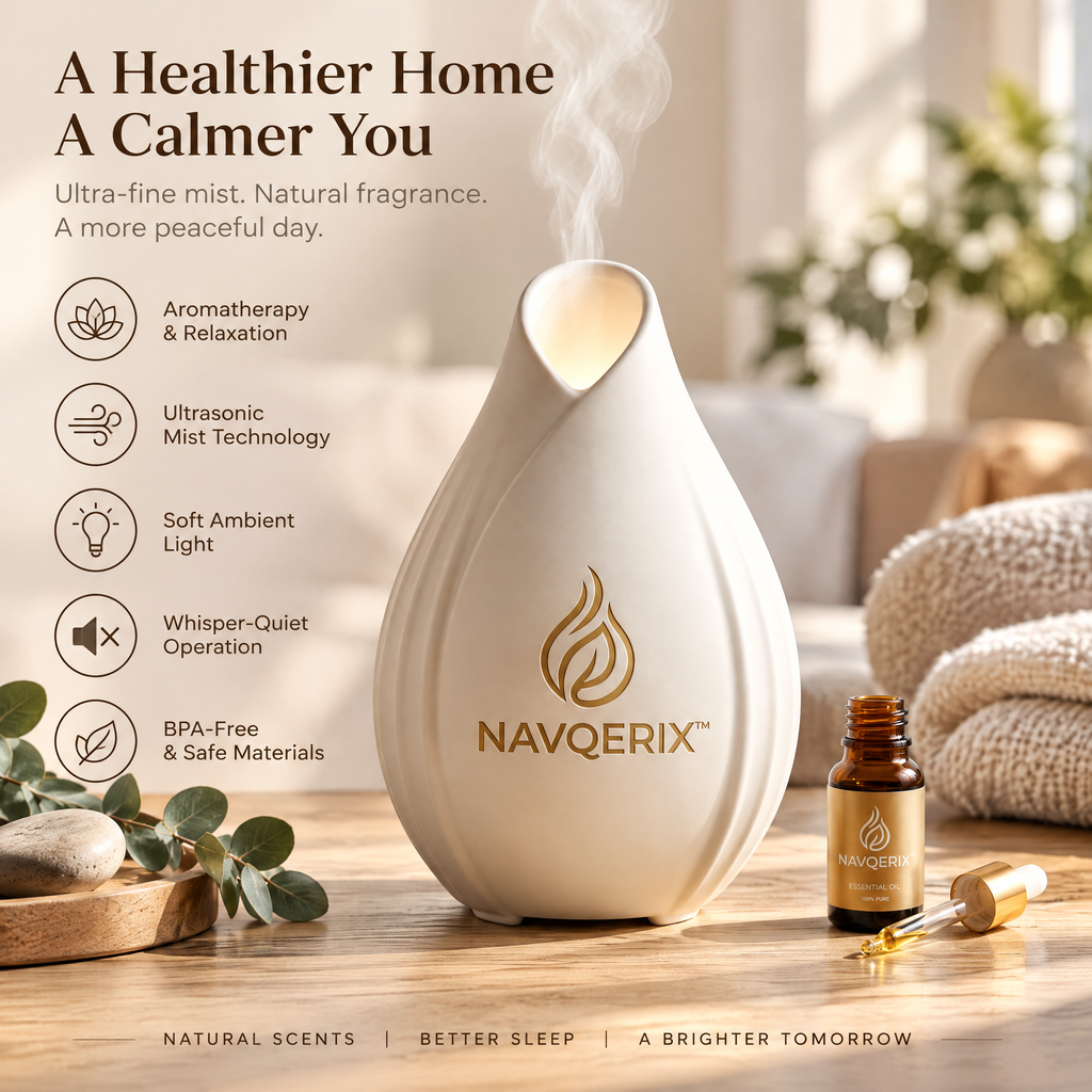 NAVQERIX™ Ceramic Essential Oil Diffuser – Teardrop Ultrasonic Aromatherapy Mist Humidifier with Warm Ambient Light