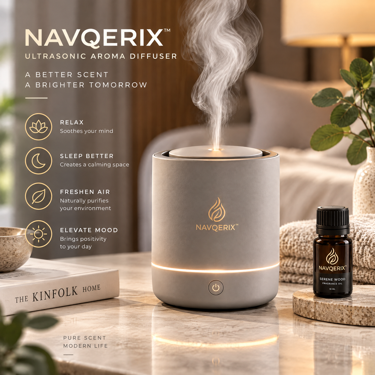 NAVQERIX™ Ultrasonic Aroma Diffuser Set with Warm Ambient Light &amp; 10ml Serene Wood Essential Oil – Modern Matte Finish Whisper-Quiet Aromatherapy Diffuser for Home, Office &amp; Bedroom Decor
