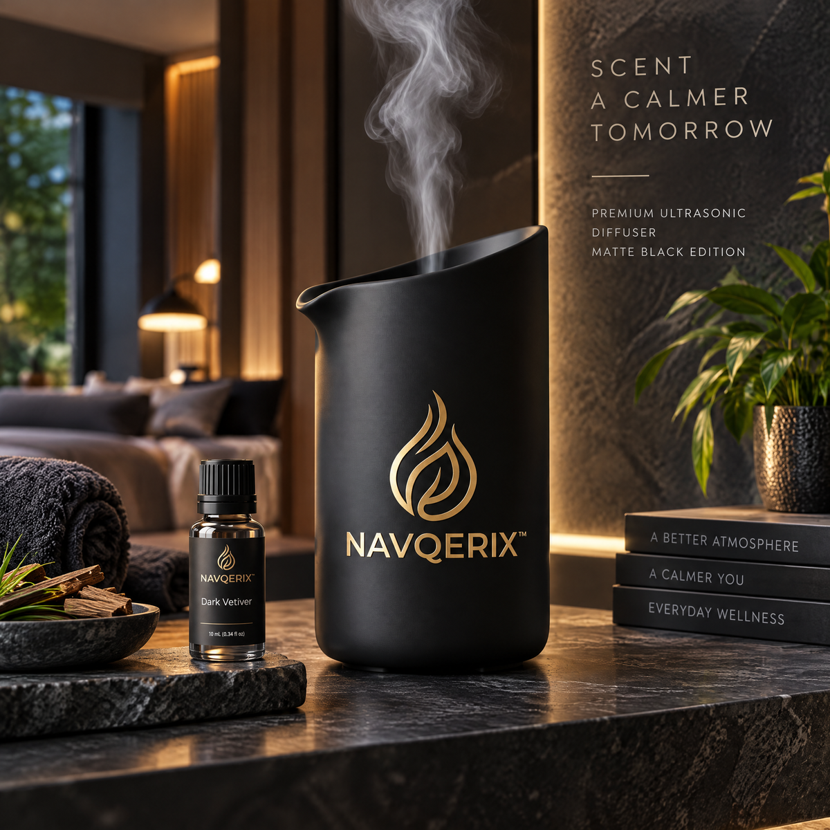 NAVQERIX™ Premium Ultrasonic Essential Oil Diffuser – Matte Black Edition with Signature "Dark Vetiver" Fragrance Oil
