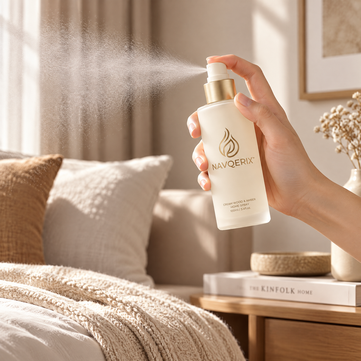 NAVQERIX™ Cream Wood &amp; Amber Luxury Home Spray – 100ml / 3.4 fl. oz. Room &amp; Linen Mist
