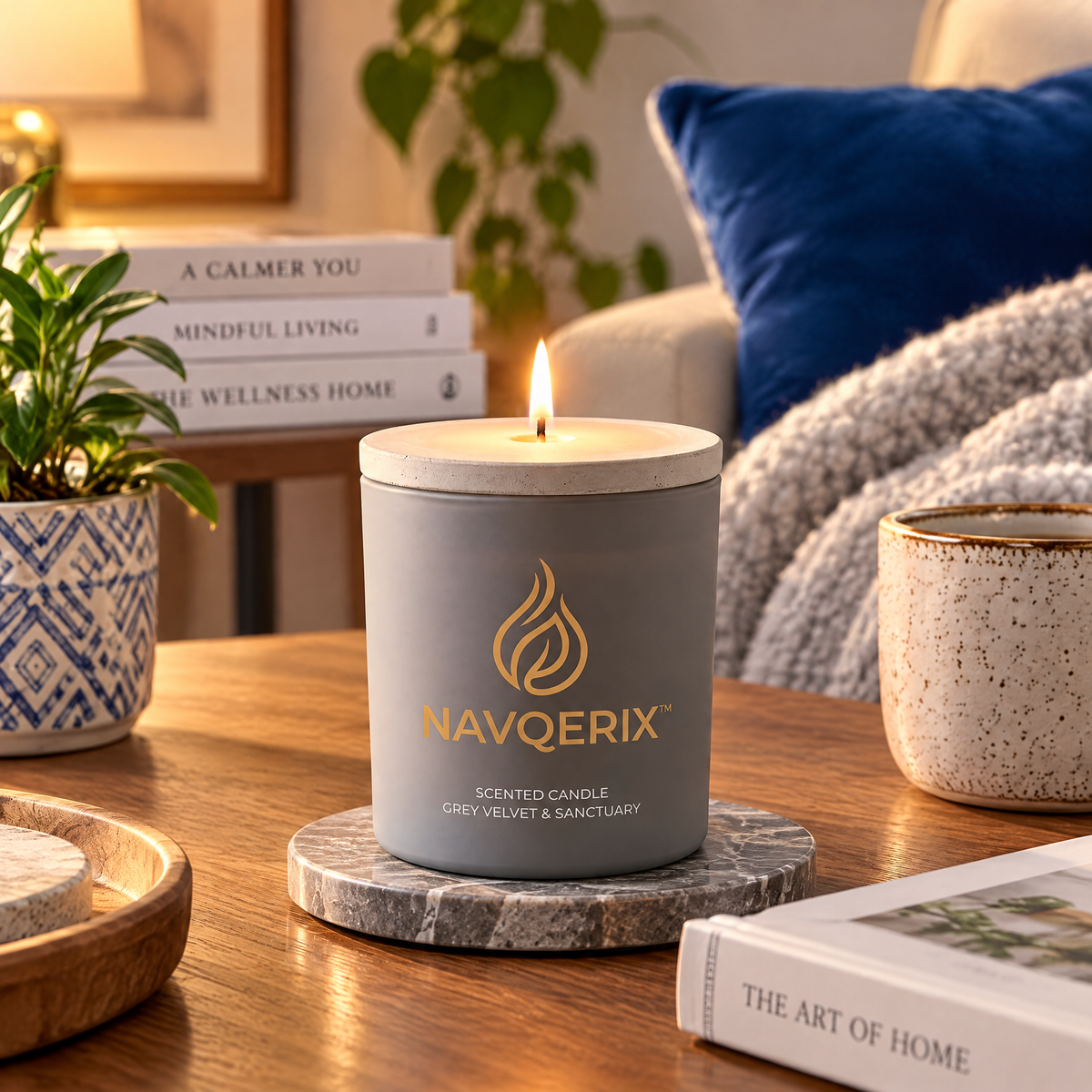 Navqerix™ Scented Candle – "Grey Velvet &amp; Sanctuary", Luxury Matte Grey Soy Aromatherapy Candle with Concrete Lid &amp; Natural Wood Stand, Ideal for Stress Relief &amp; Home Decor