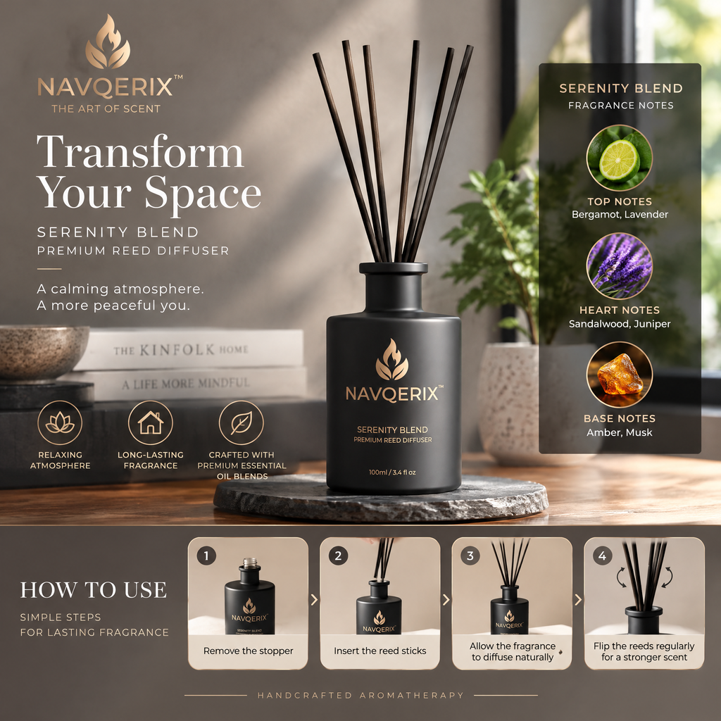 NAVQERIX™ Serenity Blend Reed Diffuser (100ml / 3.4 fl oz) – Luxury Matte Black Aromatherapy Scented Oil Diffuser with Reeds – Bergamot, Sandalwood &amp; Amber Long-Lasting Home Fragrance Decor