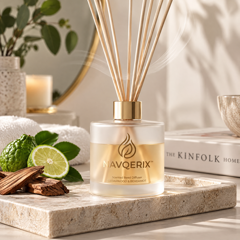 NAVQERIX™ Cedarwood &amp; Bergamot Scented Reed Diffuser – Frosted Glass Aromatherapy Essential Oil Diffuser with Natural Reeds for Home &amp; Office