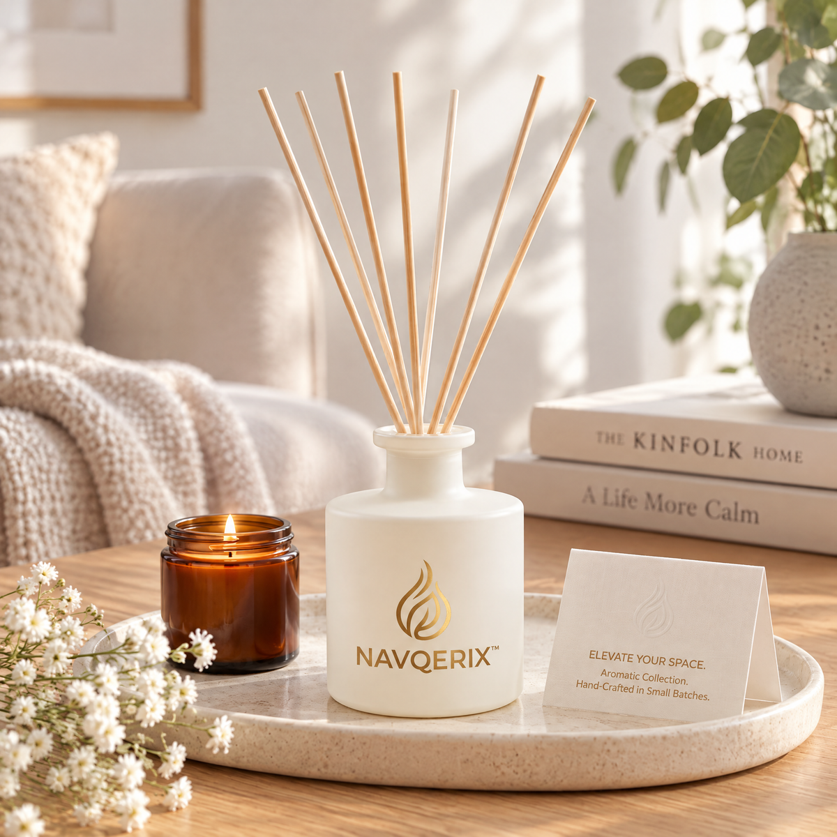 Navqerix™ Luxury Matte White Reed Diffuser Set – Hand-Crafted Aromatherapy Scent Diffuser with Natural Rattan Sticks for Home &amp; Office Decor