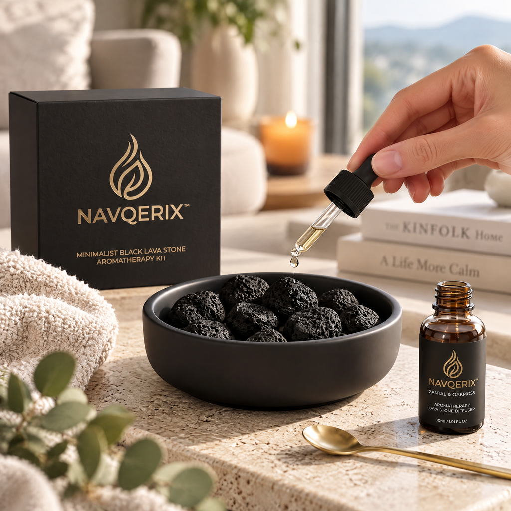 NAVQERIX™ Minimalist Black Lava Stone Diffuser Set with Santal &amp; Oakmoss Essential Oil (30ml) – Matte Ceramic Bowl &amp; Gold Accent Spoon