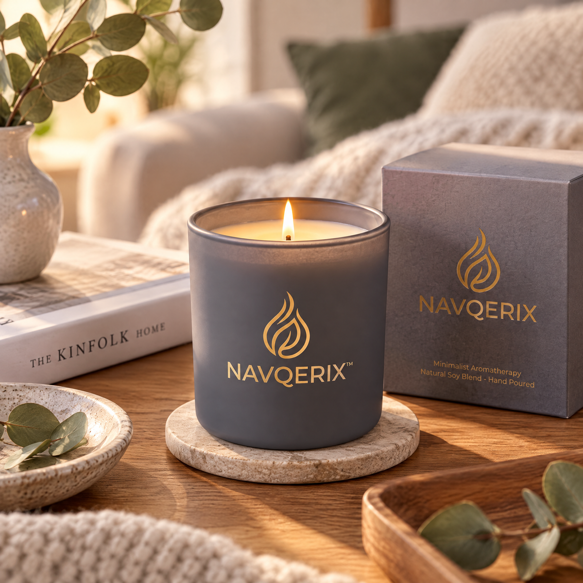 NAVQERIX™ Minimalist Aromatherapy Scented Candle – Matte Charcoal Grey Jar, Hand-Poured Natural Soy Wax Blend for Home Relaxation &amp; Modern Décor