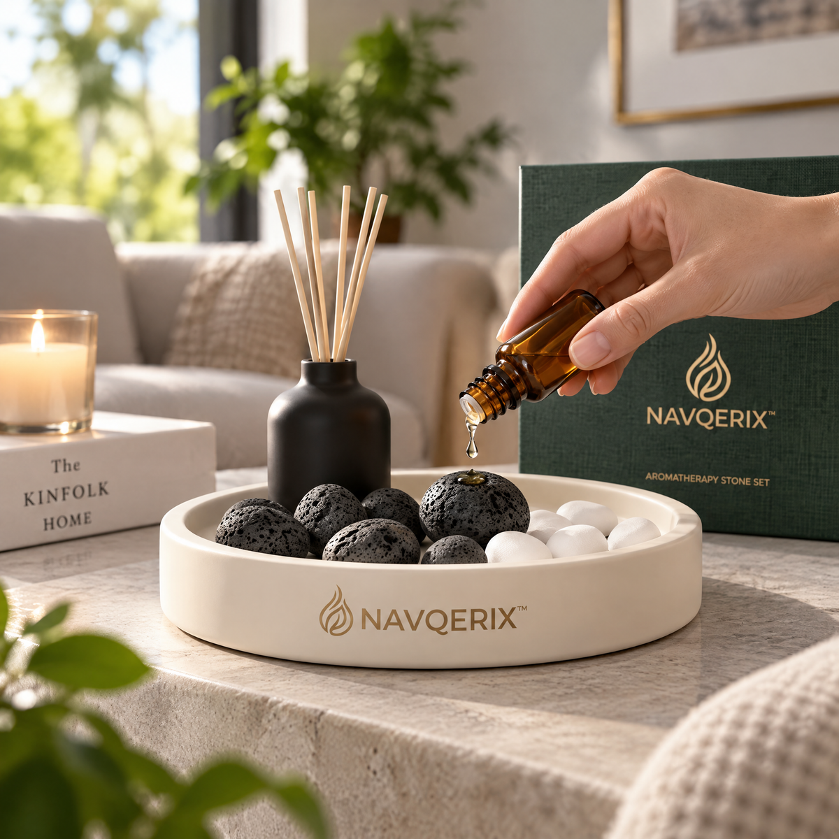 NAVQERIX™ Luxury Aromatherapy Stone Set – Natural Lava Rocks &amp; Pebble Diffuser with Essential Oil Dropper, Matte Black Reed Diffuser, Ceramic Display Tray &amp; Premium Gift Box for Home, Spa &amp; Meditation