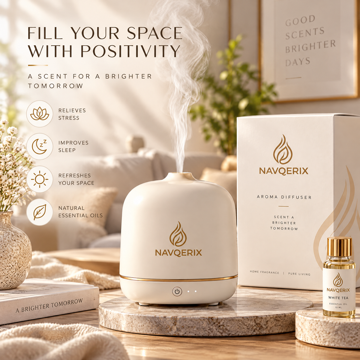 Navqerix™ Ceramic Essential Oil Diffuser Gift Set with 10ml White Tea Oil, Ultra-Quiet Ultrasonic Aromatherapy Humidifier for Home, Bedroom &amp; Office