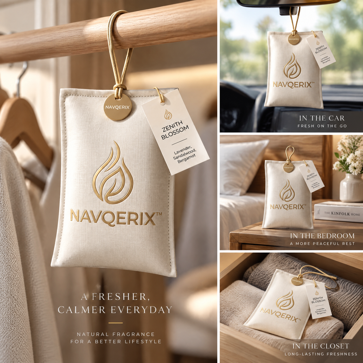NAVQERIX™ Luxury Scented Sachet – "Zenith Blossom" Hanging Closet &amp; Drawer Freshener with Essential Oils (Lavender, Sandalwood &amp; Bergamot)