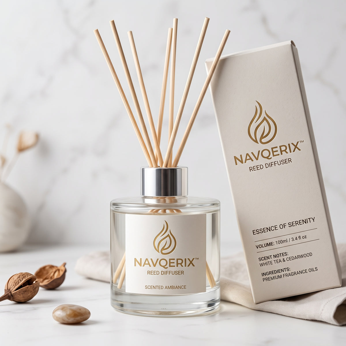 NAVQERIX™ Reed Diffuser – White Tea &amp; Cedarwood Scented Ambiance Aromatherapy Oil Diffuser Set for Home &amp; Office Decor (100ml / 3.4 fl oz)